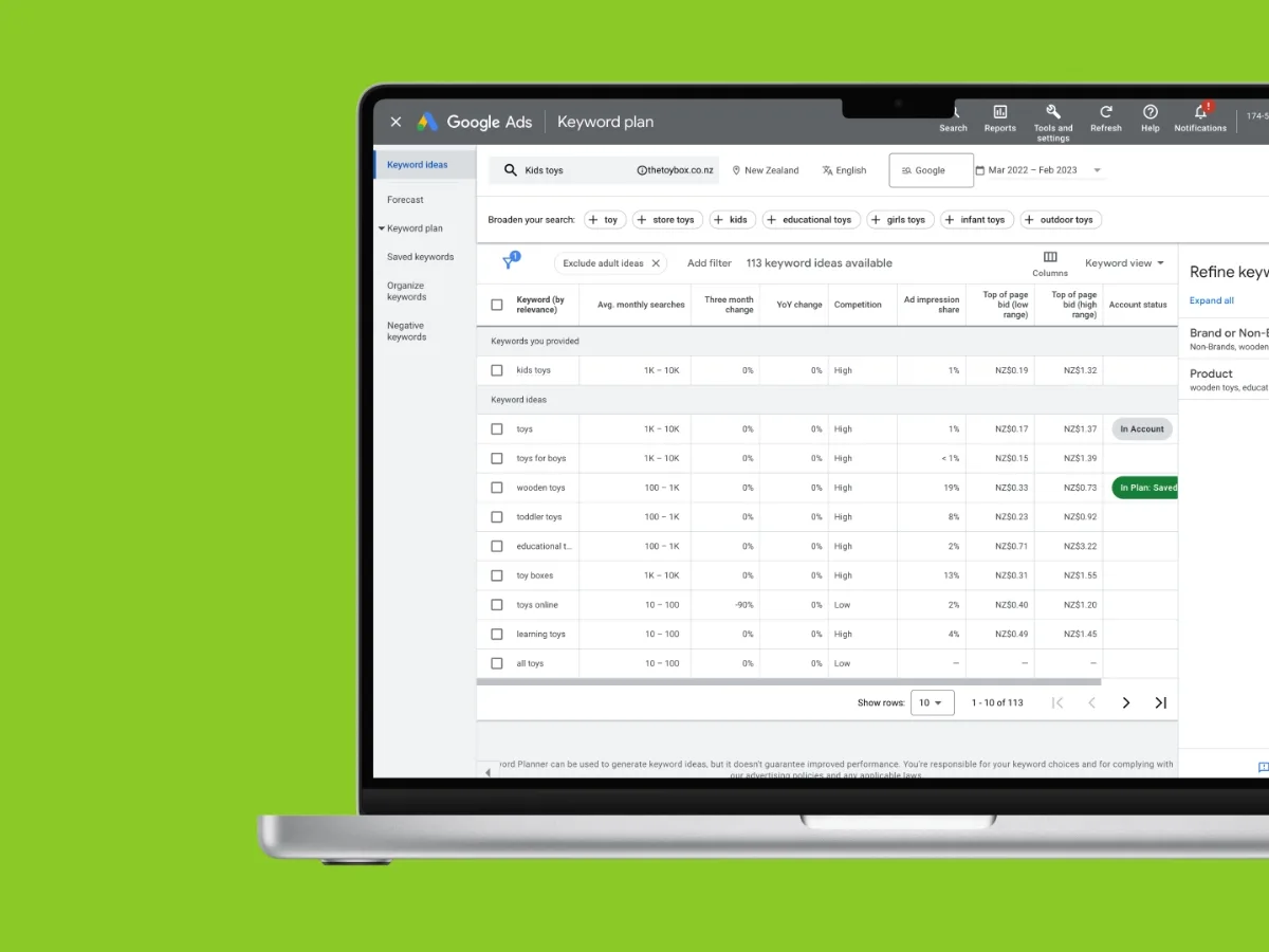 laptop with Adwords keyword planner