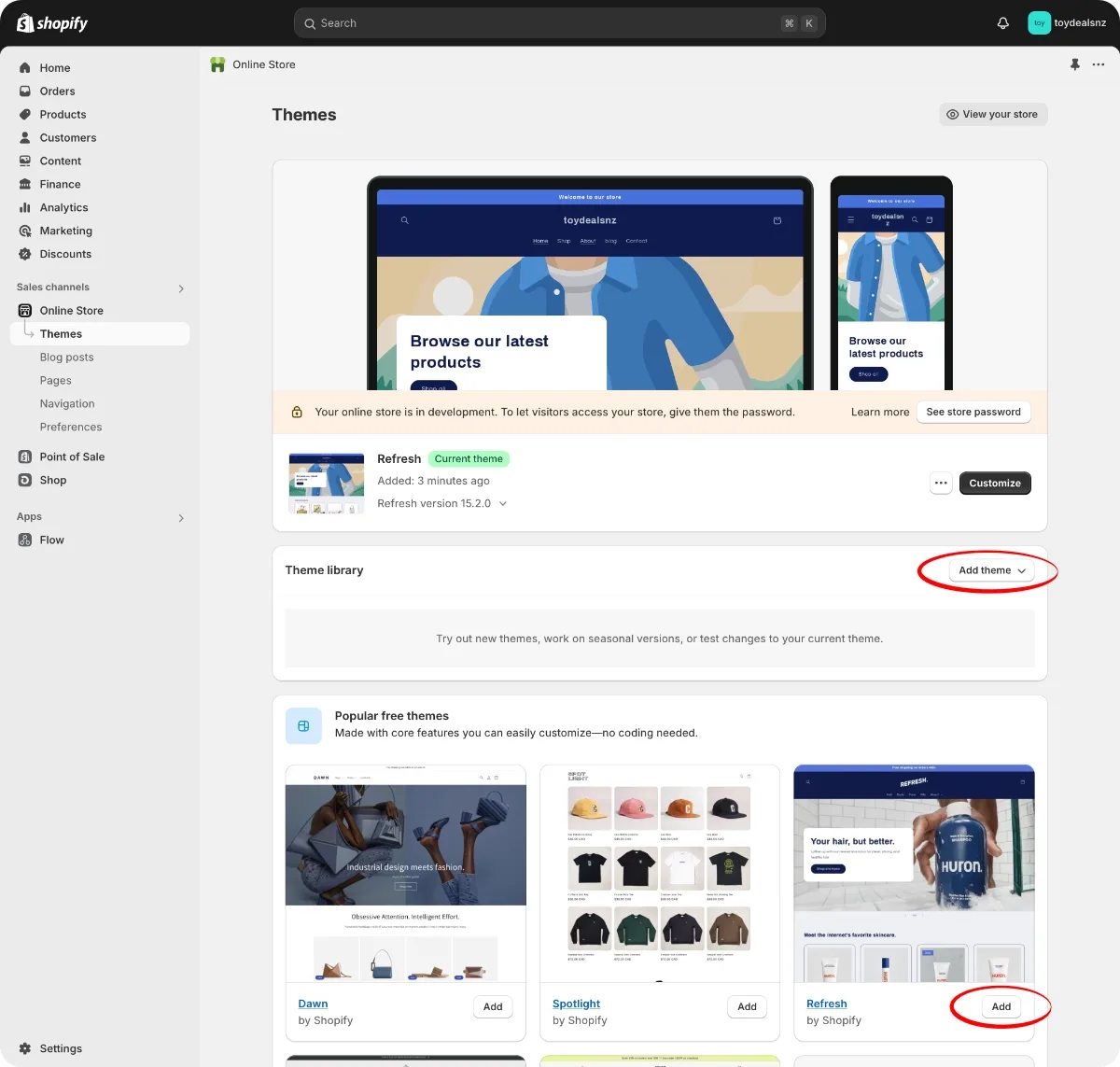 Choosing a theme for your Shopify stores dashboard