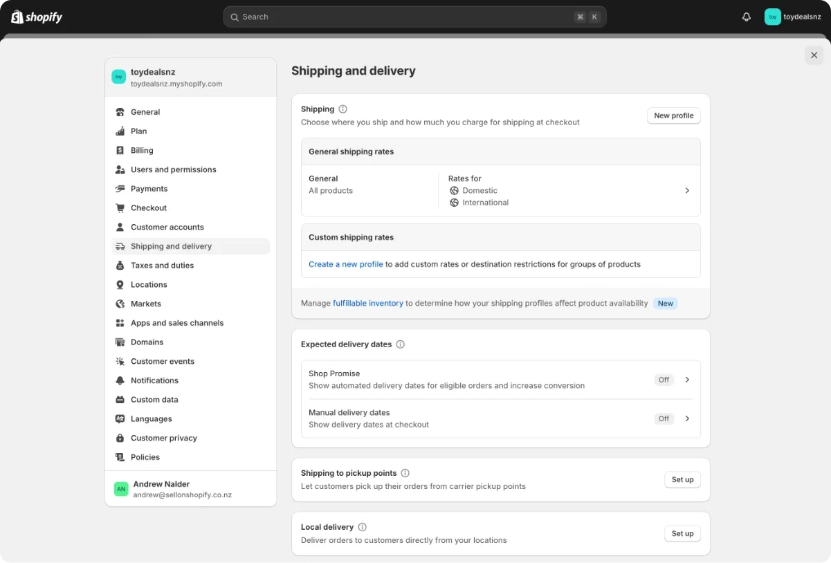 Shopify's shipping setup screen